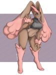  anthro bent_over big_ears breasts brown_body brown_fur clothed clothing female fur generation_4_pokemon hi_res lagomorph long_ears looking_at_viewer lopunny mammal mocha-wing nintendo partially_clothed pink_body pink_eyes pink_fur pokemon pokemon_(species) skimpy smile solo thong topwear underwear 