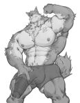  abs anthro arm_tuft armpit_hair balls biceps big_muscles body_hair bottomwear canid canine canis chest_hair chest_tuft claws clothing fangs flexing flexing_bicep flexing_biceps flexing_muscles fur genitals greyscale hair head_tuft hi_res humanoid_genitalia humanoid_penis japanese_text male mammal markings monochrome muscular muscular_anthro muscular_legs muscular_male muscular_thighs nipples pecs penis penis_through_underwear phosbara pubes serratus simple_background smile solo tail tail_tuft tattoo teeth text tuft underwear vein veiny_penis white_background wolf 