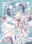  1boy 1girl 39 absurdres aqua_eyes aqua_hair blue_background blush bow-shaped_hair cake cinnamiku cinnamoroll flower food fruit hatsune_miku highres long_hair looking_at_viewer miku_day multicolored_eyes multicolored_hair one_eye_closed open_mouth pink_eyes pink_hair sanrio smile strawberry updo vocaloid yumenouchi_chiharu 