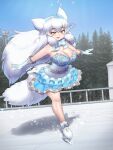  3:4 action_pose animal_humanoid arctic_fox arctic_fox_(kemono_friends) big_breasts bottomwear bow_tie breasts canid canid_humanoid canine canine_humanoid cleavage clothed clothing crown dancewear dress female figure_skates figure_skating fluffy fluffy_tail fox fox_humanoid gloves hair handwear headgear hi_res humanoid ice ice_skates ice_skating ice_skating_rink kemono_friends long_hair mammal mammal_humanoid mo23 on_one_leg one_leg_up open_mouth open_smile outside plant pose raised_leg skirt smile snow solo sparkles standing tail tiara tree tutu white_hair winter yellow_eyes 