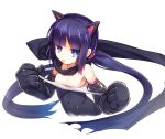  1girl animal_ears blue_eyes bodysuit breasts cat_ears collarbone covered_navel elbow_gloves gloves leotard long_hair looking_at_viewer medarot patsura_(medarot) purple_hair sanbonzuno scarf simple_background solo twintails white_background 