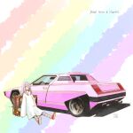  car dress ferrari ferrari_308_gt_rainbow hair_over_one_eye little_witch_academia motor_vehicle on_ground purple_hair red_eyes shiro0909 sitting sucy_manbavaran suitcase white_dress 