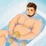  1boy bara bathing bathtub beard belly brown_hair completely_nude covering covering_crotch daisukebear facial_hair feet_out_of_frame food from_above fruit holding holding_food holding_fruit large_pectorals looking_at_viewer lying male_focus mandarin_orange mature_male muscular muscular_male nipples nude on_back original pectorals plump short_hair smile solo stomach undercut 