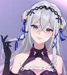  1girl black_gloves blue_eyes double_bun elbow_gloves gloves grey_hair hair_bun hair_ornament highres long_hair mole mole_under_eye mugimugigo nijisanji nijisanji_en purple_background simple_background smile solo tassel tassel_hair_ornament victoria_brightshield virtual_youtuber 