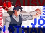  2boys back-to-back blue_eyes blue_hair character_name clenched_hand jojo_no_kimyou_na_bouken jonathan_joestar kekkai_sensen klaus_von_reinhertz long_sideburns male_focus morikiri multiple_boys mutton_chops outfit_connection phantom_blood red_hair sideburns tusks underbite vest waistcoat 