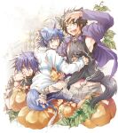  3boys animal_ears bandages black_hair black_shirt blue_eyes blue_hair collar hashiba_sora leaf leash looking_at_viewer male_focus minato_shin&#039;ichirou multiple_boys one_eye_closed piyo_(hitujirou-tuusin) pumpkin purple_collar shirt short_hair sukisho tail turtleneck white_background wolf_boy wolf_ears wolf_tail yoru_(sukisho) 