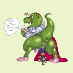  &lt;3 1:1 all_fours anus azala bodily_fluids butt cape chrono_trigger clothing colored dialogue english_text female feral genital_fluids genitals green_body hi_res improvised_sex_toy looking_back penetration pussy pussy_juice raised_tail red_cape reptile reptite scalie smile solo square_enix tail text unknown_artist vaginal vaginal_penetration yellow_eyes 