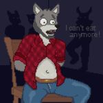  animated anthro bdsm belly bondage bound canid canine canis chair chair_bondage digital_media_(artwork) flannel force_feeding forced furniture male mammal pixel_(artwork) pixel_animation solo text u4e wolf 