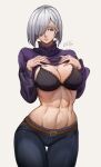  1girl abs artist_name belt belt_buckle black_bra blush bra breasts brown_belt buckle cleavage clothes_lift fiona_frost gelldraws hair_over_one_eye highres large_breasts looking_at_viewer pants purple_eyes purple_shirt shirt shirt_lift short_hair signature simple_background solo spy_x_family sweater swept_bangs turtleneck turtleneck_sweater underwear white_hair 