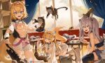  3girls ahoge alternate_breast_size animal_ear_fluff animal_ears areola_slip bandaid_hair_ornament belt blonde_hair blue_eyes breasts breasts_out cat cleavage clothes_lift commentary dog_ears dog_girl ear_piercing english_commentary fuwawa_abyssgard greatodoggo grey_eyes grey_hair hair_between_eyes hairband highres hololive hololive_english large_breasts lion_ears lion_girl lion_tail long_hair loose_belt medium_breasts mococo_abyssgard multiple_girls nipples open_mouth panties piercing pink_brooch pink_eyes pink_hairband shirt_lift shishiro_botan siblings sisters skirt smile striped striped_panties tail twins underwear unzipped virtual_youtuber 