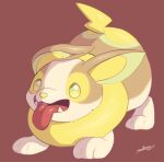 fangs full_body highres no_humans nullma open_mouth pokemon pokemon_(creature) red_background signature simple_background solo tongue tongue_out yamper yellow_eyes 