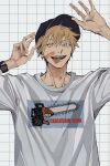  1boy bandaid bandaid_on_cheek bandaid_on_face baseball_cap chainsaw chainsaw_man commentary_request denji_(chainsaw_man) hat highres male_focus namida_a2 open_mouth orange_eyes orange_hair sharp_teeth shirt short_hair solo t-shirt teeth tongue tongue_out upper_body upper_teeth_only watch wristwatch 