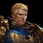  absurdres adrian4rt armor bird black_background blonde_hair blue_armor blue_eyes eagle gold_armor highres imperial_aquila imperium_of_man laurel_crown male_focus power_armor primarch purity_seal roboute_guilliman semi_realisim short_hair simple_background ultramarines warhammer_40k 