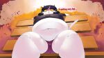  anthro big_breasts black_hair bodily_fluids breasts catti_(deltarune) chanmattet chubby_anthro chubby_female clothed clothing deltarune digital_media_(artwork) domestic_cat ear_piercing felid feline felis female fur hair hi_res huge_belly low-angle_view mammal overweight overweight_anthro overweight_female piercing sitting solo sweat thick_thighs undertale_(series) weight_conscious white_body white_fur 