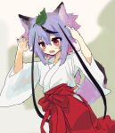  1girl alternate_costume animal_ears arms_up black_hair black_nails blurry blurry_background blush bow braid cowboy_shot double-parted_bangs fang fox_ears fox_tail gradient_hair hair_between_eyes hair_bow hakama hakama_skirt highres hikimayu ishitsuki_(_0101_831) japanese_clothes kemonomimi_mode kimono leaf leaf_on_head long_hair meika_mikoto miko multicolored_hair one-hour_drawing_challenge open_mouth pink_hair purple_hair raised_eyebrows red_eyes red_hakama skirt solo streaked_hair sweatdrop tail thick_eyebrows vocaloid white_bow white_kimono wide_sleeves 