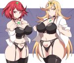  2girls absurdres abysswatchers black_corset black_panties breasts chest_jewel cleavage corset garter_belt garter_straps highres large_breasts long_hair looking_at_viewer multiple_girls mythra_(xenoblade) off_shoulder open_clothes open_shirt panties pyra_(xenoblade) red_eyes shirt short_hair standing thighhighs thong tiara underwear white_shirt xenoblade_chronicles_(series) xenoblade_chronicles_2 yellow_eyes 