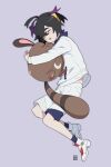  1boy ahoge black_hair closed_eyes commentary_request grey_background hairband highres holding holding_pokemon jacket kieran_(pokemon) long_sleeves male_focus mongguri open_mouth pokemon pokemon_(creature) pokemon_(game) pokemon_sv sentret shoes short_hair shorts simple_background socks white_jacket white_shorts yellow_hairband 