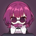  1girl chibi commentary_request facing_viewer gloves hands_up honkai:_star_rail honkai_(series) interlocked_fingers jiu_fanglianhua kafka_(honkai:_star_rail) own_hands_together purple_background purple_gloves purple_hair shirt short_hair smile solo spider_web_print sunglasses upper_body white_shirt 