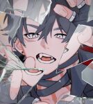  1boy bishounen black_gloves black_hair choker ear_piercing fangs fingerless_gloves genshin_impact gloves grey_eyes highres male_focus piercing shattered short_hair solo upper_body yoru_ha_rio 