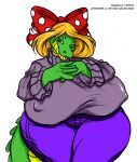  2009 accessory alligator alligatorid anthro big_breasts blue_eyes bottomwear bow_ribbon breasts clothing copyright_symbol crocodilian deonwolf digital_media_(artwork) female green_body green_scales hair_accessory hair_bow hair_ribbon huge_breasts hyper hyper_breasts multicolored_body multicolored_scales nipple_outline non-mammal_breasts pants randa_(badgerben) reptile ribbons scales scalie solo sweater symbol thick_thighs topwear two_tone_body two_tone_scales 