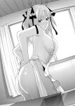  1girl apron arms_behind_back ass blush breasts butterfly_hair_ornament commentary_request curtains go-toubun_no_hanayome greyscale hair_ornament highres indoors kosmos_beta large_breasts looking_back monochrome nakano_nino naked_apron paid_reward_available parted_lips short_hair solo window 