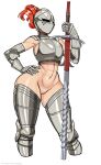  1girl abs armor armored_boots boots cowboy_shot flamberge gauntlets hand_on_own_hip helmet highres holding holding_sword holding_weapon knight long_hair muscular muscular_female navel nisetanaka orange_hair original pussy solo stomach sword thigh_boots weapon white_background zweihander 