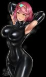  1girl absurdres alternate_costume armpit_cutout armpits arms_behind_head arms_up black_background black_bodysuit blush bodysuit breasts clothing_cutout commentary_request commission cowboy_shot eyebrows_hidden_by_hair hair_between_eyes headpiece highres jewelry large_breasts looking_at_viewer open_mouth pyra_(xenoblade) red_eyes red_hair sgk shiny_clothes short_hair sidelocks signature simple_background skeb_commission smile solo steam sweat swept_bangs tiara xenoblade_chronicles_(series) xenoblade_chronicles_2 