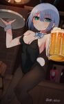  1girl alcohol animal_ears aqua_eyes bar_(place) beer beer_mug black_leotard black_pantyhose blue_bow blue_bowtie blue_hair bow bowtie breasts cup detached_collar feet_out_of_frame highres holding indoors jamongssui leotard looking_at_viewer medium_breasts mug original pantyhose playboy_bunny rabbit_ears rabbit_tail short_hair simple_background solo strapless strapless_leotard tail tray white_background wrist_cuffs 