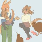  ambiguous_gender angry anthro avian bird clothed clothing cross-popping_vein ekaki510 female feral group kangaroo kemono kiwi_(bird) macropod male mammal marsupial pecking ratite red_kangaroo size_difference trio wallaby 