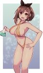  1girl :d atelier_(series) atelier_ryza bikini breasts brown_eyes brown_hair flask hair_ornament hand_on_own_hip highres holding holding_flask lamb-oic029 large_breasts leaning_forward looking_at_viewer navel open_mouth reisalin_stout short_hair smile swimsuit thighs 