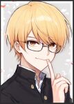  1boy bespectacled blonde_hair buttons closed_mouth commentary gakuran glasses gradient_hair ichigo_ichie_na_hyakki_yagyou!?_(project_sekai) index_finger_raised looking_at_viewer male_focus multicolored_hair official_alternate_costume official_alternate_hairstyle orange_eyes orange_hair panprika project_sekai school_uniform short_hair solo tenma_tsukasa 