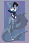  2023 2d_(artwork) 4_ears 4_toes abdominal_scar anthro biceps big_breasts big_muscles biped black_hair black_sclera blue_body blue_clothing blue_one-piece_swimsuit blue_scales blue_swimwear border breasts claws cleavage clothed clothing colored countershade_torso countershading cutout facial_markings feet female fin fish fufu_(fuwa_ume) gradient_border hair head_markings hi_res hip_vent marine markings multi_ear muscular muscular_anthro muscular_female muscular_legs navel notched_fin o-ring_swimwear one-piece_swimsuit pose red_eyes scales scar shark short_hair signature solo spots spotted_body spotted_scales standing swimwear tail tail_fin thick_thighs toes white_body white_scales wmdiscovery93 yellow_claws 