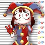  1girl bell blurry blurry_background blush_stickers brown_hair commentary cropped_legs english_commentary exotictype gloves hat highres jester_cap jingle_bell looking_to_the_side mugshot multicolored_eyes pomni_(the_amazing_digital_circus) puffy_sleeves red_gloves solo square standing star_(symbol) sweatdrop the_amazing_digital_circus triangle two-tone_eyes v 