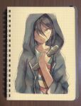  1boy black_hair green_eyes grey_jacket grin hair_over_one_eye hekicha highres holding holding_microphone hood hood_up hoodie jacket kabe_taijin long_sleeves looking_at_viewer male_focus microphone open_clothes open_jacket paripi_koumei short_hair smile traditional_media 