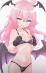 1girl :d black_bra black_gloves black_panties blue_archive blue_eyes blush bra breasts commentary_request curly_hair demon_girl demon_wings fang fingerless_gloves gloves hair_between_eyes halloween_costume halo hands_on_own_chest hands_up head_wings heterochromia highres hip_focus hoshino_(blue_archive) ks_aya_(gztm4838) long_hair looking_at_viewer messy_hair navel panties pink_hair slit_pupils small_breasts smile solo underwear underwear_only very_long_hair wings yellow_eyes 