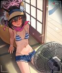  1girl :d ^_^ bikini blue_archive blue_shorts breasts brown_hair closed_eyes denim denim_shorts electric_fan halo izuna_(blue_archive) izuna_(swimsuit)_(blue_archive) official_alternate_costume open_mouth pink_halo recording red_scarf scarf short_hair shorts sitting small_breasts smile solo special_cat striped striped_bikini swimsuit visor_cap 