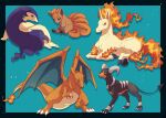  1other :3 animal_ears animal_feet animal_focus arm_support blue_background blue_border blue_eyes border brown_sclera charizard claws closed_mouth colored_sclera commentary_request dragon drop_shadow fang fangs fangs_out fire flame-tipped_tail fox from_behind full_body furry half-closed_eyes hand_up highres hisuian_typhlosion houndoom ktyon3 leaning_forward legs_apart looking_at_viewer looking_back looking_to_the_side lying multiple_tails on_side on_stomach open_mouth outside_border partial_commentary pokemon pokemon_(creature) purple_fur rapidash red_eyes red_hair short_hair simple_background sitting slit_pupils standing tail trait_connection two-tone_fur unicorn vulpix white_eyes yellow_fur 