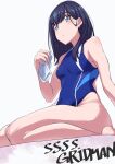  1girl black_hair blue_eyes blue_one-piece_swimsuit breasts closed_mouth commentary_request competition_swimsuit copyright_name gridman_universe kneeling long_hair looking_at_viewer medium_breasts one-piece_swimsuit showhey!! simple_background solo ssss.gridman swim_cap swim_cap_removed swimsuit takarada_rikka thick_thighs thighs white_background 