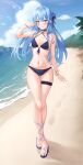  1girl absurdres bare_shoulders beach bikini black_bikini black_choker blue_eyes blue_hair blue_nails blush bracelet breasts choker cloud collarbone day footprints full_body groin hair_bun hand_up highres hololive hoshimachi_suisei jewelry long_hair looking_at_viewer nail_polish navel outdoors parted_lips sand sandals shinigami_kiraki solo star_(symbol) star_in_eye stomach swimsuit symbol_in_eye thigh_strap thighs toenail_polish toenails virtual_youtuber 