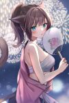 1girl absurdres animal_ears aqua_eyes breasts brown_hair cat_ears cat_girl cat_tail chest_sarashi commission final_fantasy final_fantasy_xiv fireworks hauchiwa highres jewelry long_hair looking_at_viewer medium_breasts miqo&#039;te ponytail ring sarashi skeb_commission suzumori_(su2525) tail warrior_of_light_(ff14) 