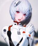  1girl ayanami_rei blue_hair bodysuit breasts commentary etama_quomo hair_between_eyes hairpods hand_on_own_shoulder interface_headset looking_at_viewer medium_breasts neon_genesis_evangelion parted_lips pilot_suit plugsuit red_eyes short_hair simple_background solo white_background white_bodysuit 