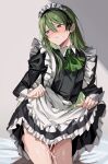  1boy absurdres alternate_costume apron ascot bed black_dress black_eyes blush closed_mouth clothes_lift crossdressing cum dress dress_lift enmaided frilled_dress frills green_ascot green_hair green_nails hair_between_eyes highres lifted_by_self lobotomy_corporation long_hair long_sleeves maid maid_headdress male_focus mu46016419 nail_polish netzach_(project_moon) nose_blush on_bed otoko_no_ko project_moon simple_background solo white_apron 