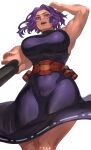  1girl absurdres arm_up armpits belt boku_no_hero_academia breasts dress from_below highres ibuo_(ibukht1015) lady_nagant large_breasts looking_at_viewer mature_female multicolored_hair muscular muscular_female open_mouth pink_hair plump purple_dress purple_eyes purple_hair simple_background sleeveless sleeveless_dress solo standing streaked_hair white_background 
