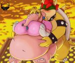  anthro belly belly_squeeze big_belly bowser duo elephant elephant_peach elephantid fat_belly female hi_res kissing koopa male male/female mammal manresasayron mario_bros nintendo obese obese_female overweight overweight_female princess_peach proboscidean scalie 