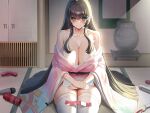  1girl bare_shoulders black_hair blue_eyes blunt_bangs blush breasts cleavage closed_mouth collarbone condom condom_packet_strip condom_wrapper dildo hair_ornament highres huge_breasts indoors japanese_clothes kimono large_breasts long_hair long_sleeves looking_at_viewer no_bra non-web_source off_shoulder open_clothes original robe sex_toy sidelocks sitting smile solo thighhighs thighs very_long_hair vibrator white_thighhighs wide_sleeves yamanokami_eaka 