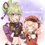 2girls ^_^ ahoge black_gloves blush brown_gloves brown_scarf cabbie_hat cake closed_eyes clover_print coat commentary_request cropped_jacket eating english_text fingerless_gloves food fork genshin_impact gloves green_hair hair_between_eyes hand_on_own_cheek hand_on_own_face happy_birthday hat hat_feather hat_ornament highres holding holding_fork hood hooded_jacket jacket japanese_clothes klee_(genshin_impact) kuki_shinobu light_brown_hair long_hair long_sleeves looking_at_viewer low_twintails multiple_girls nami_harakamiaka navel open_clothes open_jacket ponytail purple_eyes purple_jacket red_coat red_headwear rope scarf shimenawa sidelocks simple_background smile stomach twintails 