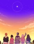  2boys 3girls aoyagi_touya azusawa_kohane baseball_cap black_hair blue_hair clenched_hand commentary cowboy_shot dark_blue_hair gradient_hair gradient_sky hair_ornament hand_on_another&#039;s_back hat highres hood hood_down long_hair long_sleeves megurine_luka multicolored_hair multiple_boys multiple_girls orange_hair outstretched_arm pink_hair project_sekai purple_hood shinonome_akito shiraishi_an short_hair short_twintails shorts sky sleeves_past_elbows split-color_hair star_(sky) star_(symbol) star_hair_ornament teneko02 tree twintails two-tone_hair vivid_bad_squad_(project_sekai) vivid_bad_squad_luka vocaloid yellow_hood 