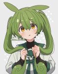  1girl alternate_costume alternate_hairstyle black_shirt clenched_hands commentary_request cone_huraku green_hair green_serafuku hair_between_eyes hands_up holding holding_hair holding_own_hair layered_clothes long_hair long_sleeves looking_at_viewer parted_lips school_uniform serafuku shirt straight-on turtleneck twintails upper_body voicevox watermark yellow_eyes zundamon 