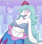  &lt;3 anthro big_breasts blue_eyes blue_hair bra breasts clothing cute_fangs female generation_7_pokemon hair hat headgear headwear heart_necklace long_hair looking_at_viewer lumi_(flofluffy) navel nintendo pokemon pokemon_(species) primarina ring snackbunnii solo sparkles underwear 