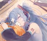  1girl blue_eyes blue_hair detached_sleeves flower hair_ornament hatsune_miku highres light_smile lying number_tattoo on_side solo tattoo twintails vocaloid white_flower yi_ren_fen_mu 
